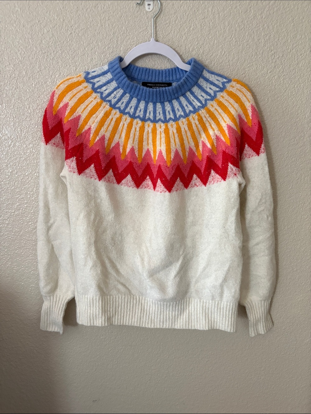 French Connection Fair Isle Sweater - White with Blue, Yellow, Pink & Red Yoke